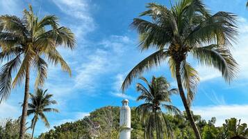 A pathway leading to a white tower-like structure surrounded by lush greenery and palm trees.