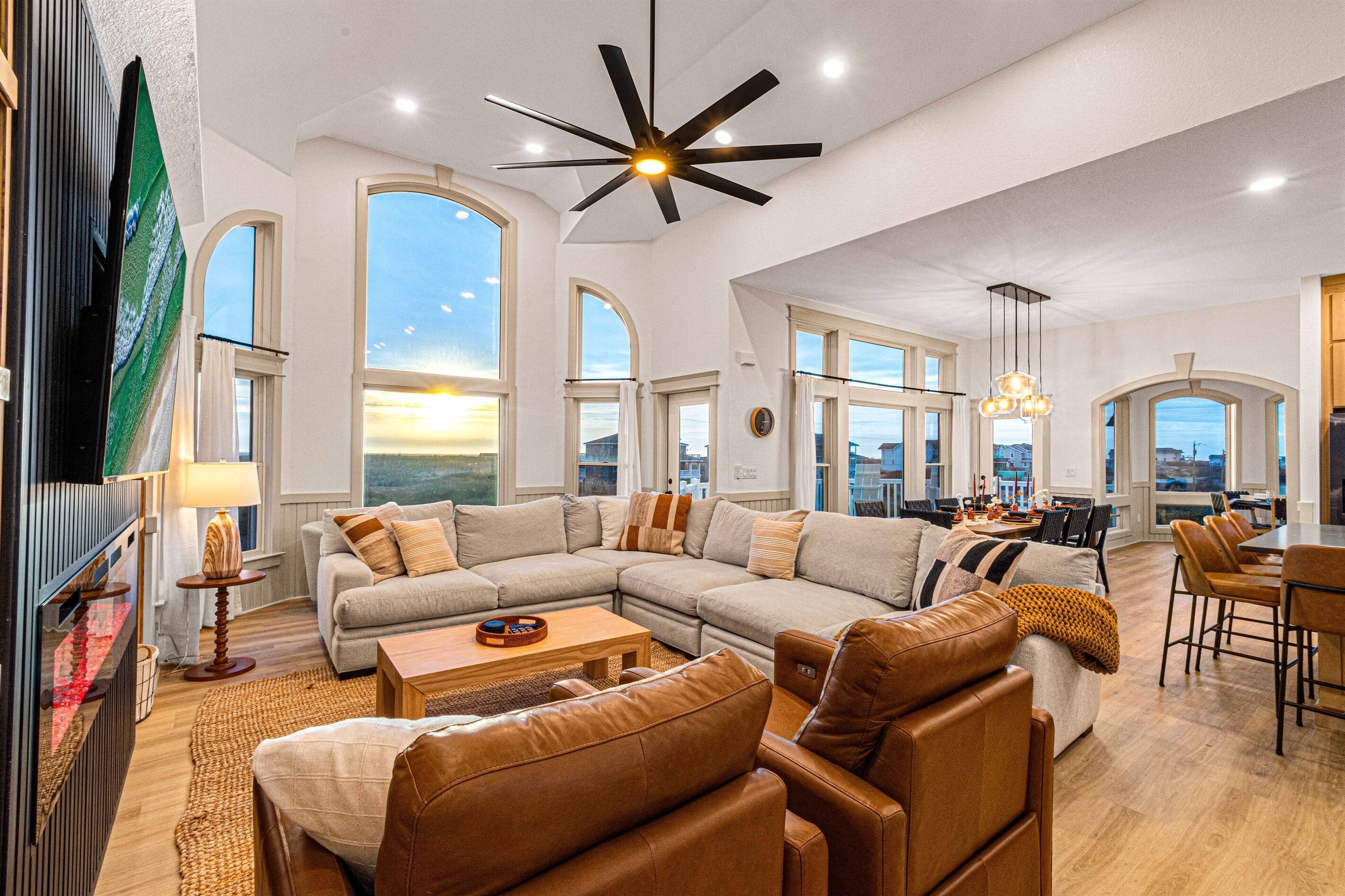 Smart TV, fireplace, DVD player, foosball