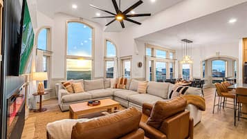 Smart TV, fireplace, DVD player, foosball