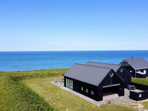 A modern black building with a flat roof, large windows, and a view of the sea.