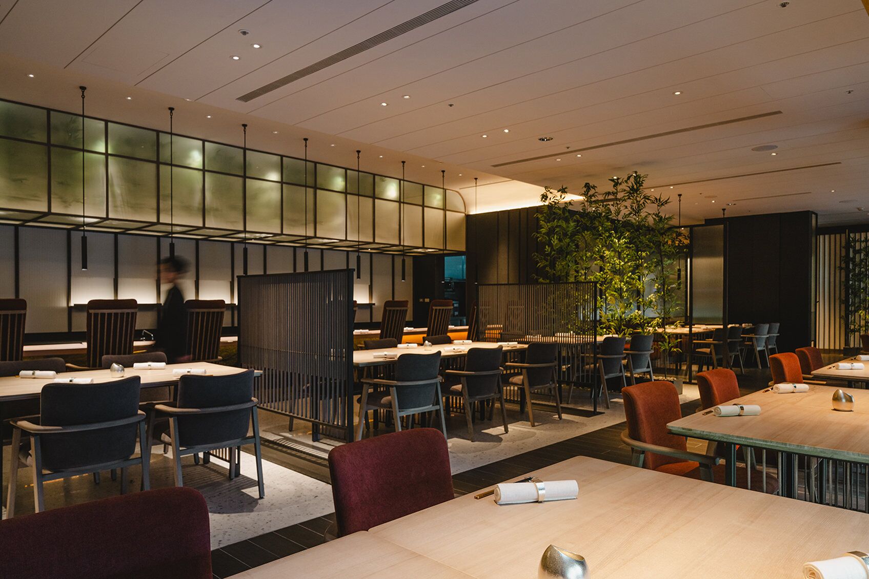 A modern dining area with tables and chairs, a large plant, and a person walking in the background.