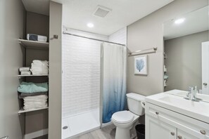 Hair dryer, towels, toilet paper