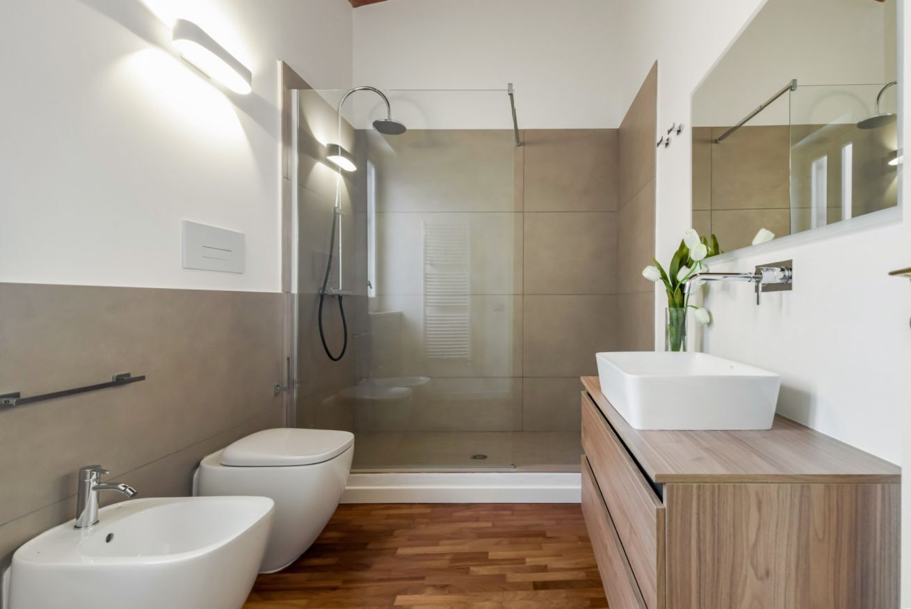Shower, hair dryer, bidet, towels