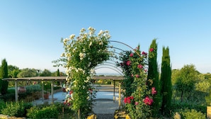 Un jardin agrémenté d’une pergola recouverte de fleurs blanches et roses, entouré de verdure et bordé d’un chemin de gravier.