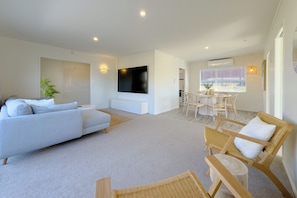 Smart TV, fireplace, books