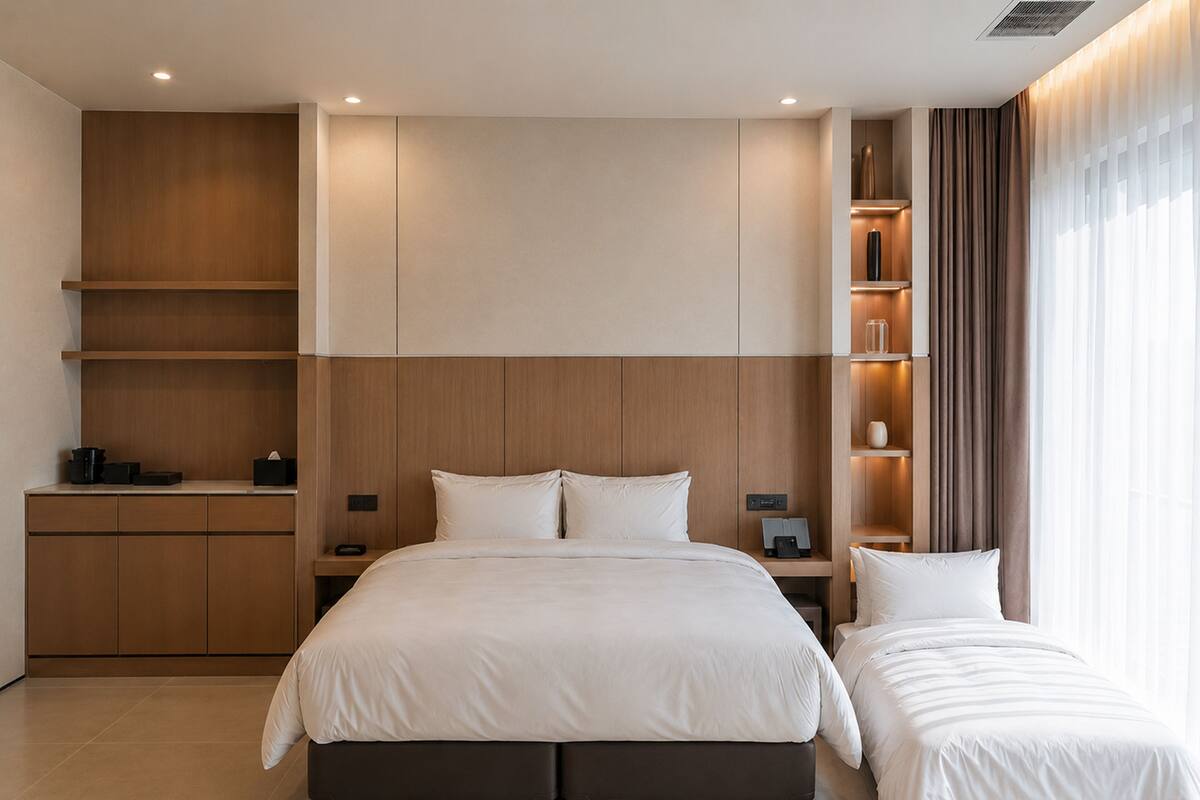 PENTHOUSE-FAMILY DOUBLE TWIN (include B.F & Heated Pool) | 房內夾萬、遮光窗簾/窗簾、隔音、免費 Wi-Fi