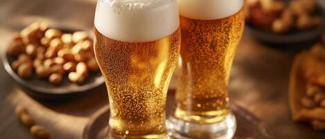 Dos vasos de cerveza sobre una mesa de madera con maní y aperitivos alrededor.