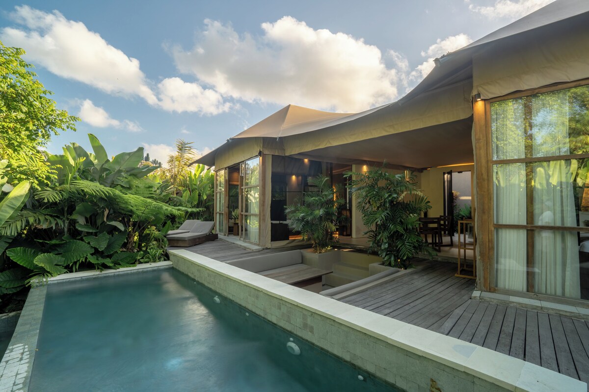 Zona junto a la piscina con terraza de madera, asientos y abundante vegetación.
