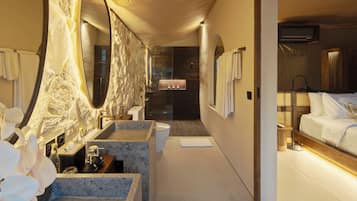 Tent, 1 Bedroom, Private Pool | Bathroom | Separate bathtub and shower, rainfall showerhead, designer toiletries
