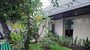 A garden area with various plants and a tree with yellow flowers. - Wisma Shalom  (Jakarta)