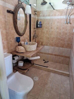 Hair dryer, towels, soap, toilet paper