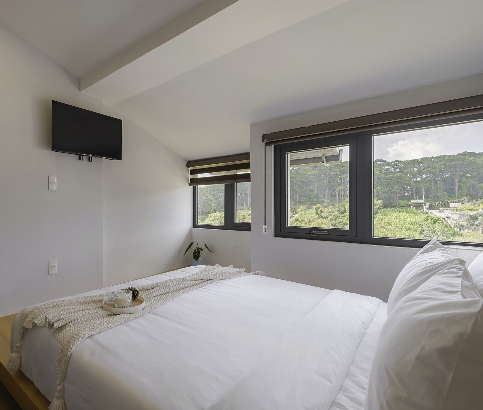 A bedroom with a bed, a TV mounted on the wall, a window with a view of greenery, and a bedside table with a lamp.