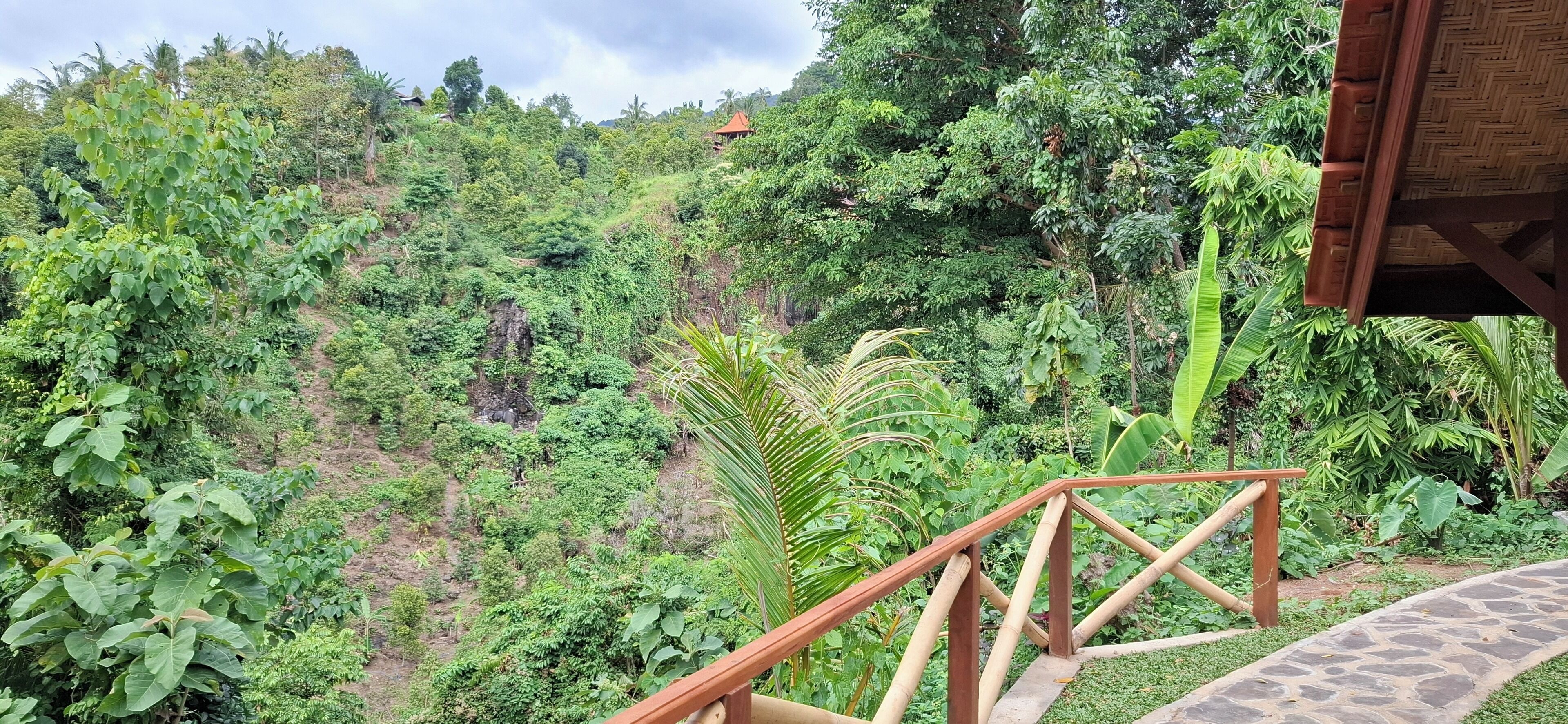 A lush, green landscape with a wooden staircase leading to a structure.