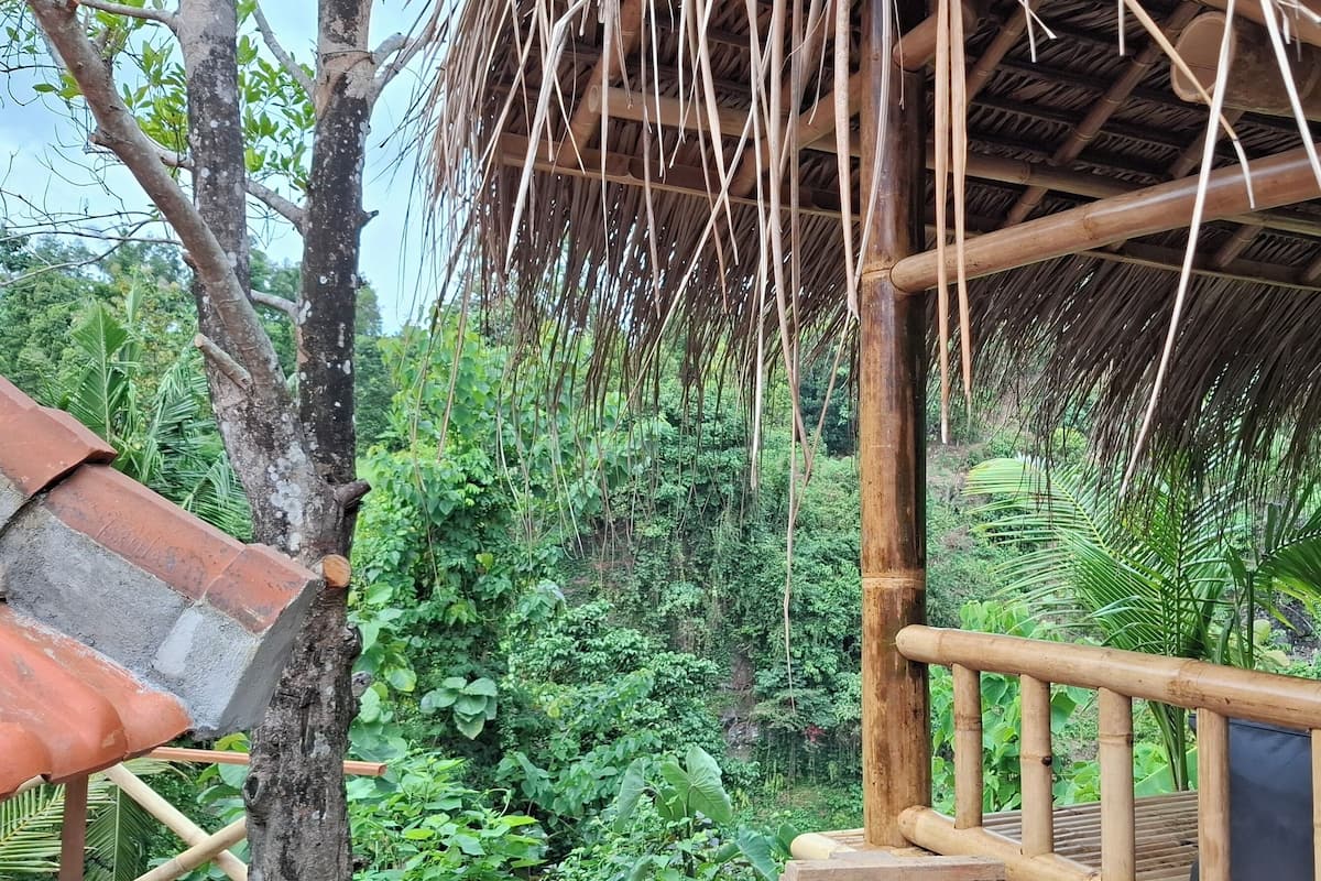 A rustic wooden structure with a thatched roof, surrounded by lush greenery.