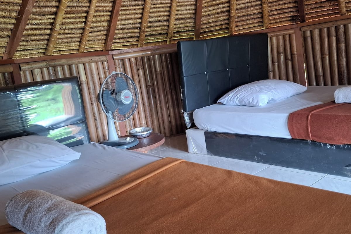 A room with two beds, a fan, and a TV.