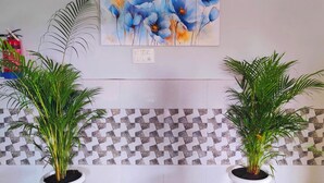 A room with a patterned tile backsplash, a wall-mounted power outlet, and two potted plants. - The Nook (Bhubaneshwar)
