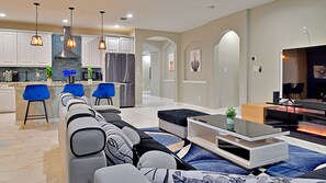 Smart TV, fireplace, foosball, table tennis