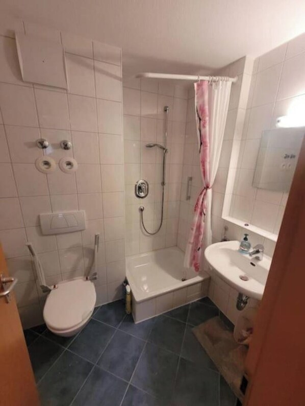 Een badkamer met toilet, douche en wastafel.