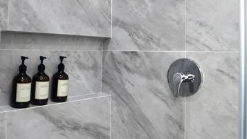 Hair dryer, towels, soap, toilet paper