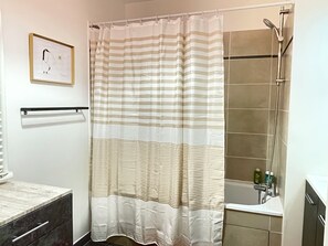 Hair dryer, towels, soap, shampoo