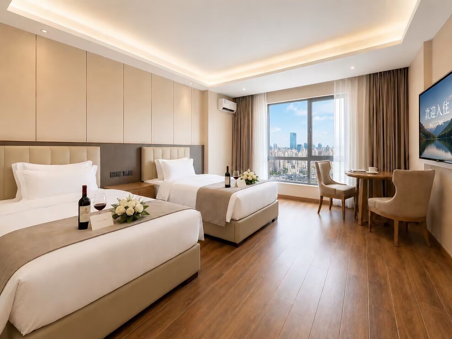 A hotel room with two beds, a seating area, and a large window offering a city view.