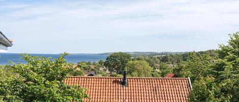 A red-tiled roof house with a chimney, surrounded by greenery and overlooking a body of water.