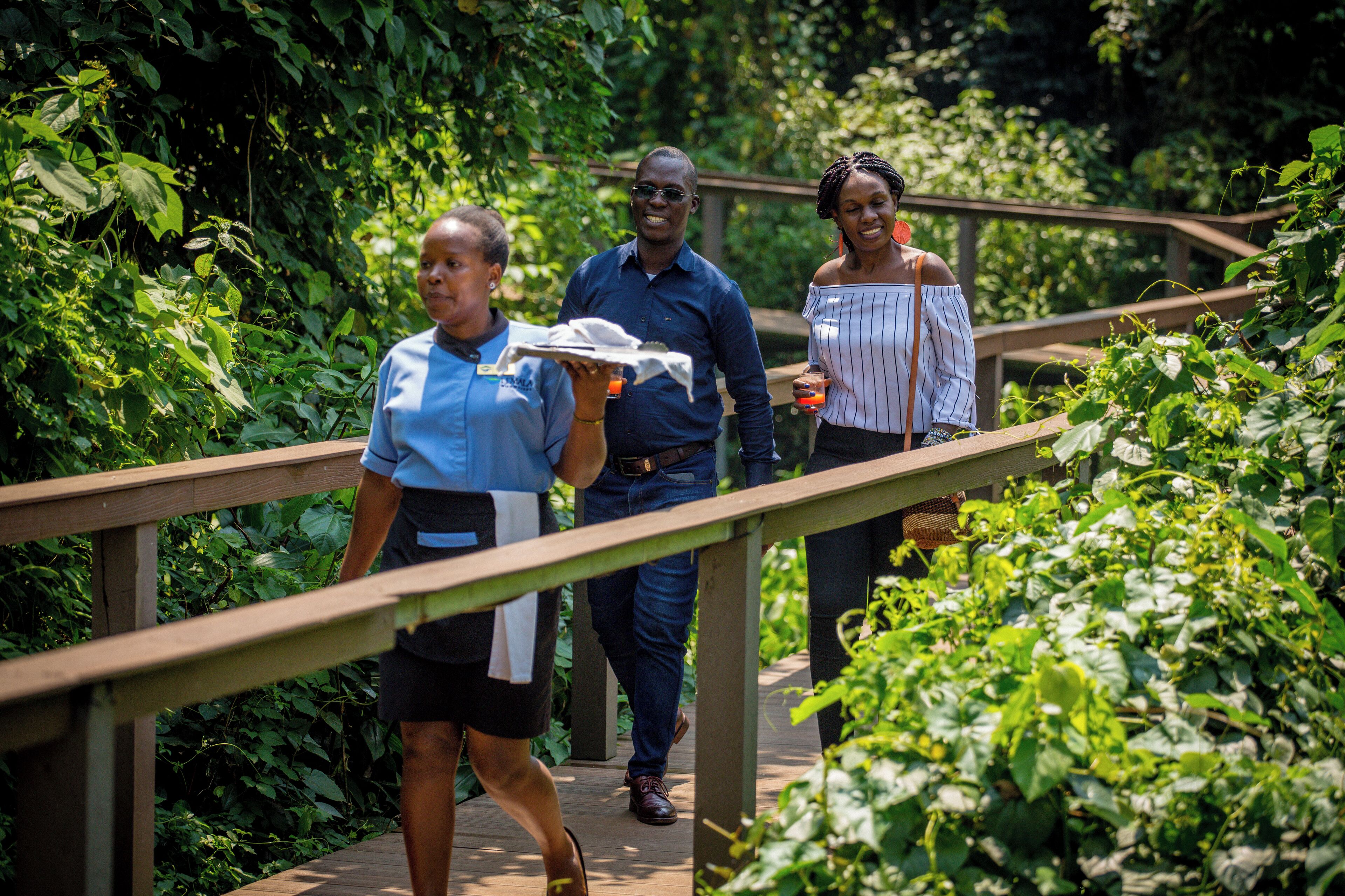 A wooden pathway with metal railings, surrounded by lush greenery.