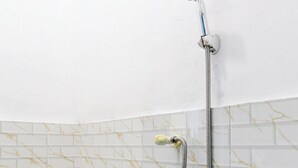 A shower with a handheld showerhead and a hose.