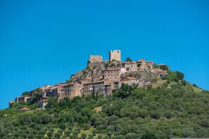 A historic hilltop town with medieval architecture, including a prominent tower and fortified walls. - Appartamento Pesca Shared Pool (Roccastrada)