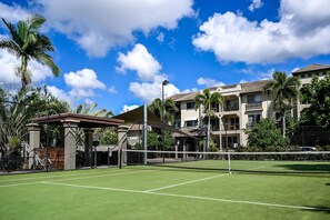 A tennis court with a net, surrounded by a fence, palm trees, and buildings in the background. - Poolside Paradise Cairns - 9 Pools BBQ Gym (Westcourt)