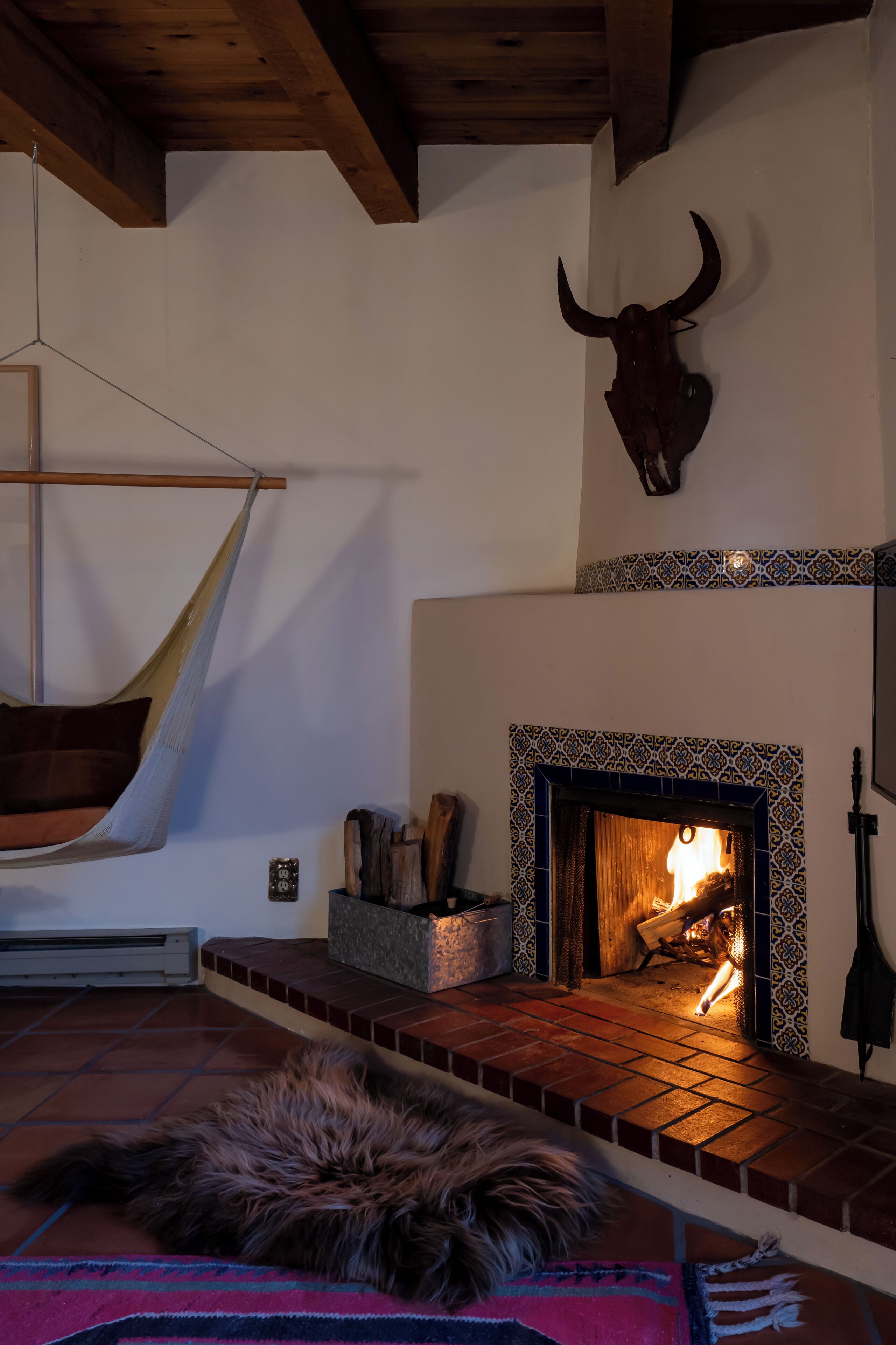 A cozy room with a fireplace, a hammock, and a large animal skull on the wall.