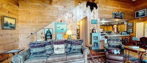 Smart TV, fireplace, table football, books