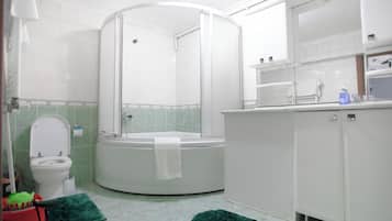 Hair dryer, towels, soap