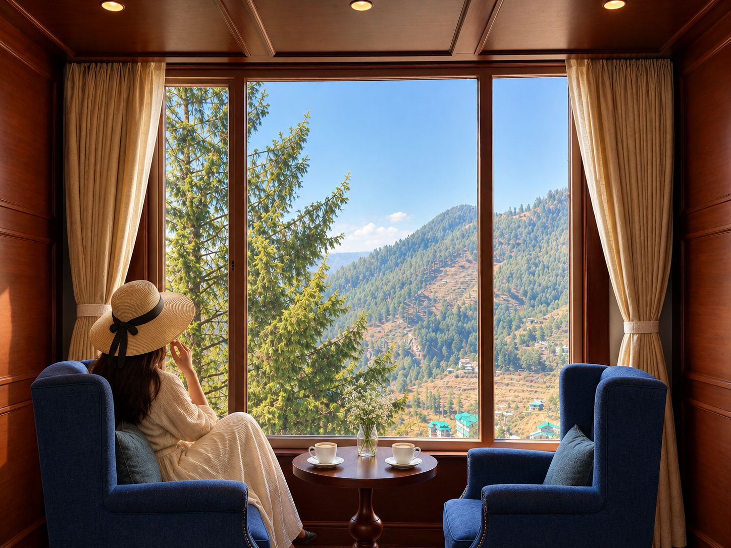 A room with a large window offering a mountain view, two blue chairs, and a small table with a cup.