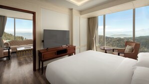 Una camera d'albergo con un letto grande, una TV, un divano, un tavolino e vista sulle montagne.
