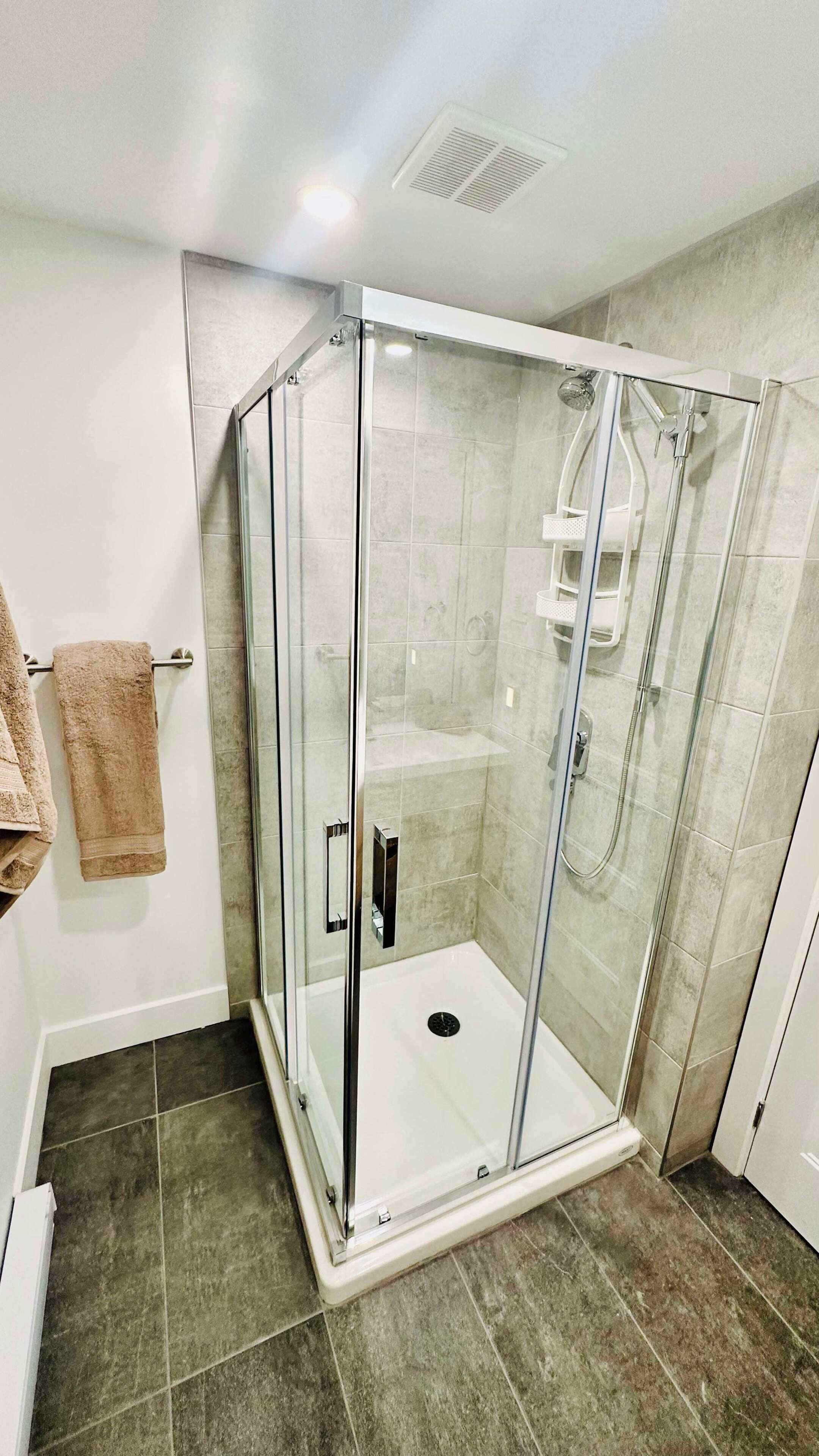 Shower, hair dryer, towels