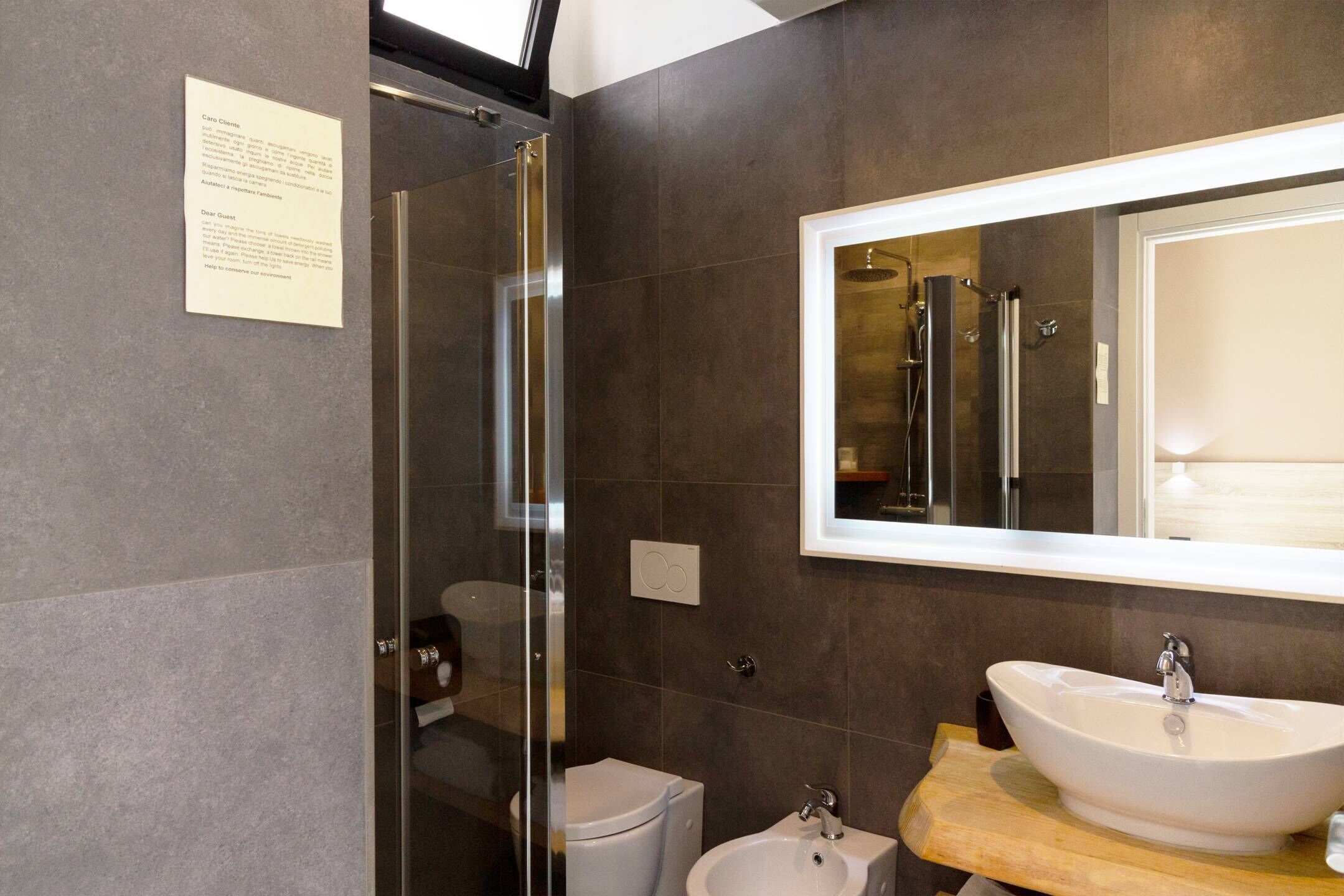 A modern bathroom with a glass shower enclosure, a white sink, and a large mirror.