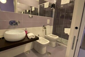 Shower, jetted tub, hair dryer, bidet