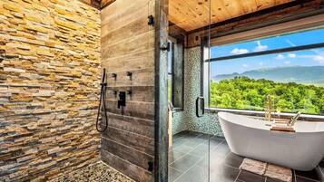 Shower, hair dryer, towels, shampoo