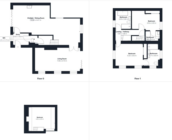 Floor plans of a hotel with a kitchen/dining room, living room, entry, and bathrooms.