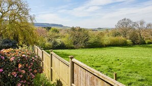 A fenced garden with a grassy lawn and flowering plants. - Host Stay Manifold (Northallerton)