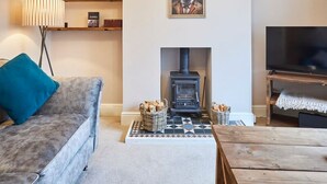 A cozy living room with a fireplace, a sofa, a television, and a bookshelf. - Host Stay Oliver s Den (Alnwick)