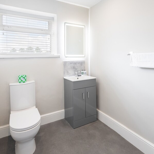 Une salle de bain avec des toilettes, un lavabo et un miroir.