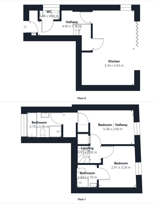 Floor plans of a hotel with a WC, hallway, kitchen, and two bedrooms on each floor.