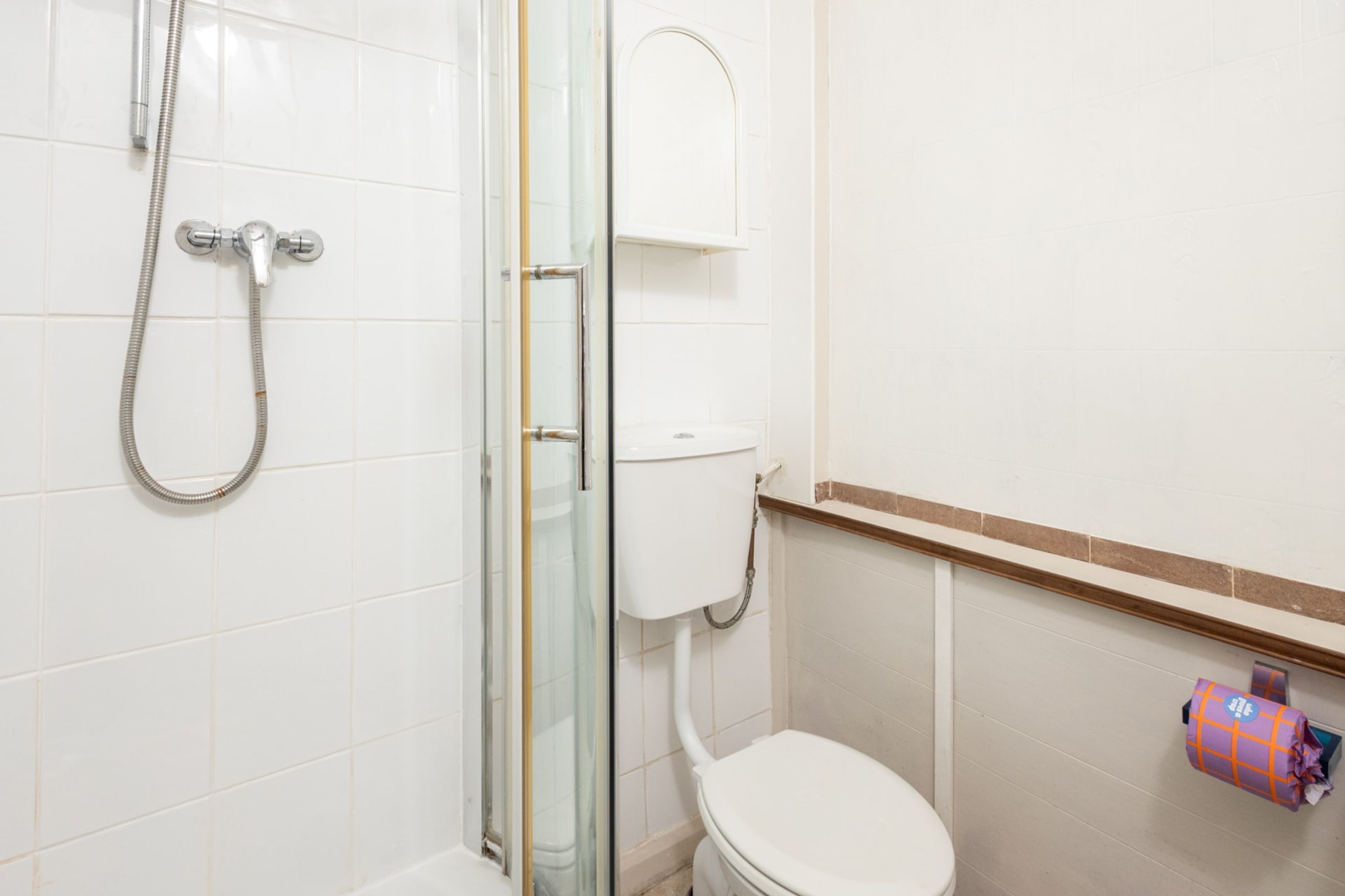 A bathroom with a glass-enclosed shower, a toilet, and a shelf with a roll of toilet paper.