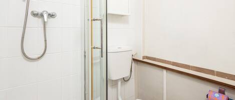 A bathroom with a glass-enclosed shower, a toilet, and a shelf with a roll of toilet paper.