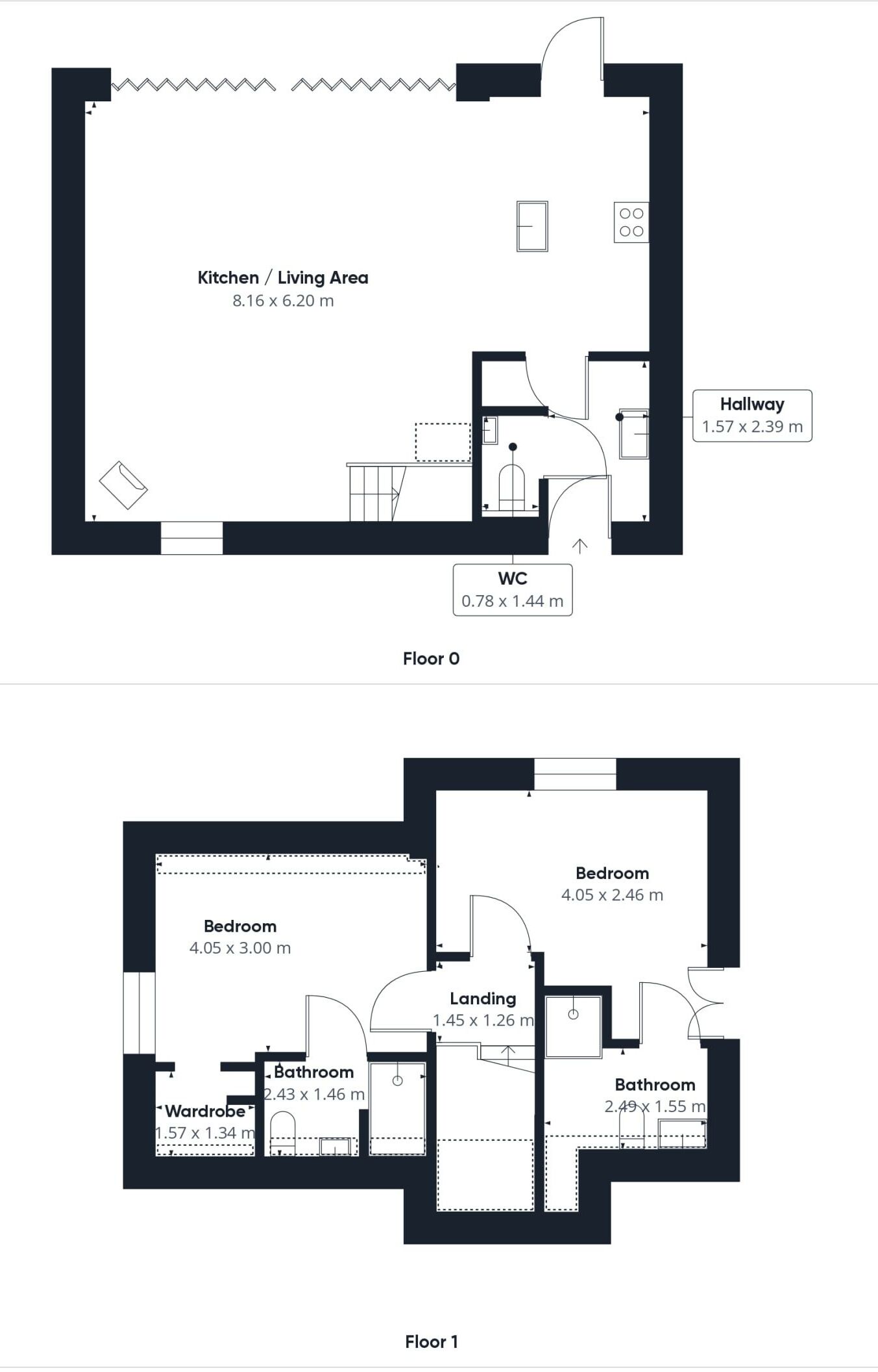 Pianta delle planimetrie di una casa a due piani con cucina/zona giorno, disimpegno, WC, pianerottolo, camere da letto e bagni.