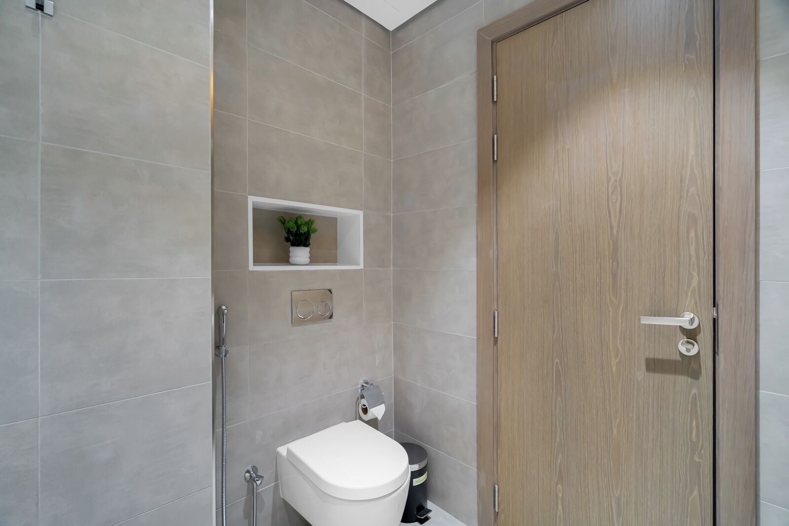 A bathroom with a toilet, sink, and shower. There is a wooden door and a shelf with a plant.