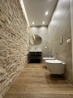 Ducha, cabezal de ducha con hidromasaje, secador de pelo, toallas