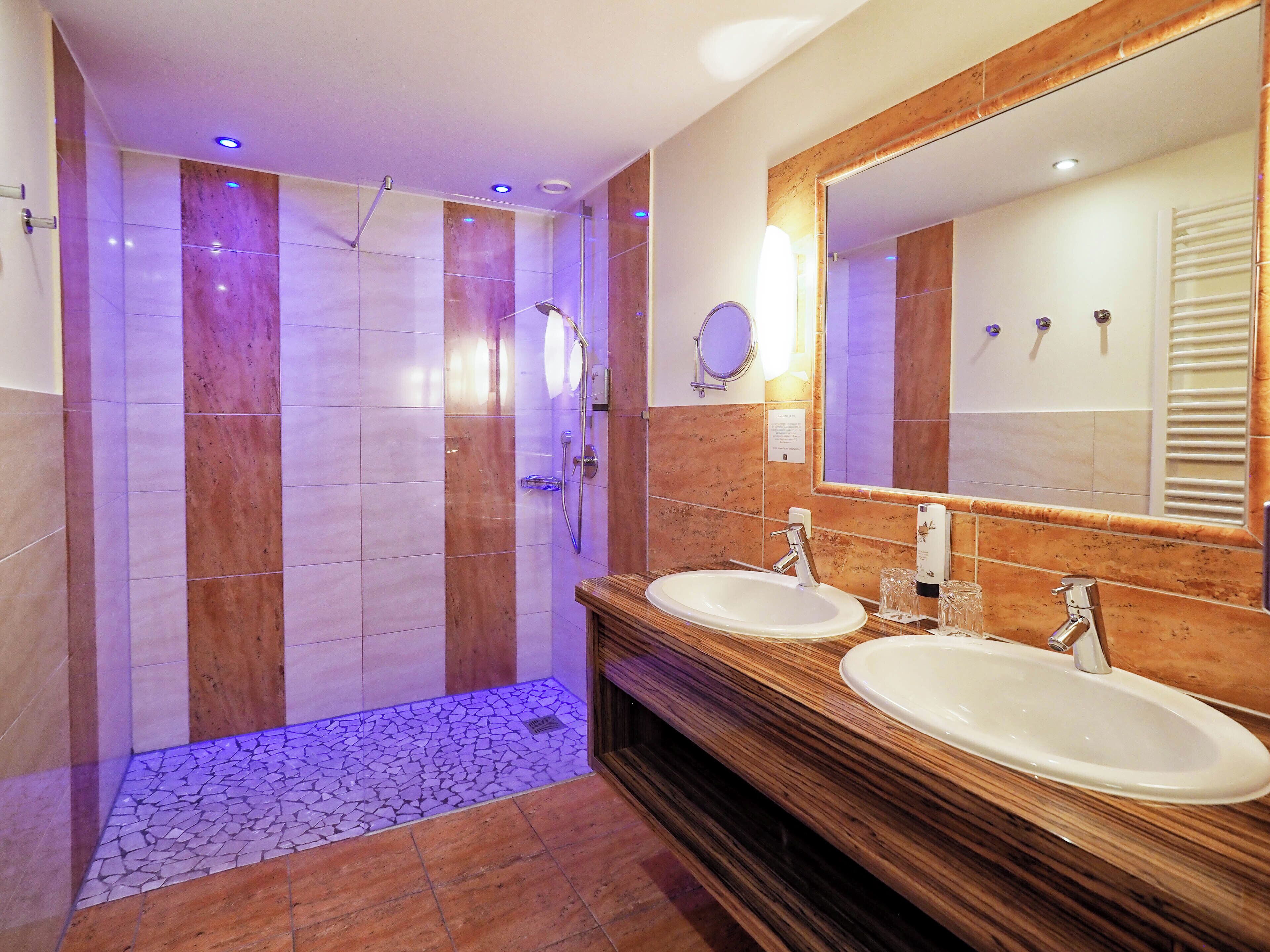 Ein modernes Badezimmer mit zwei Waschbecken, einem großen Spiegel und einer Duschkabine.